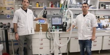 מכונת הנשמה בשימוש כפול שתיים - צוות הנדסה רפואית של הלל יפה ליד המכונה המותאמת