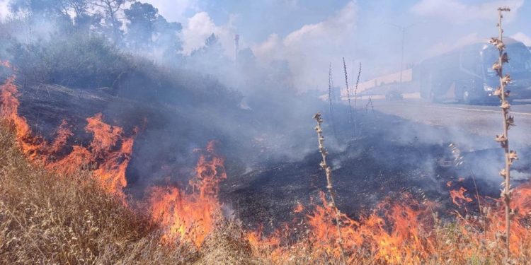 שריפה בשטח פתוח, בכביש 6 בסמוך לחריש
